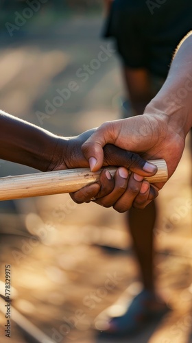 Close-up of hands passing a baton in a charity relay race, symbolizing teamwork and dedication photo