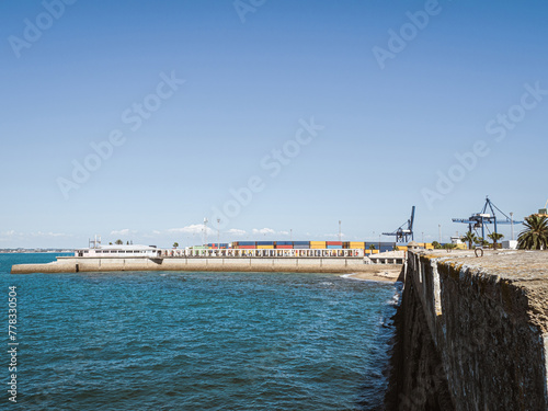 View of the cargo port of Cadiz, Spain, with colorful containers, cranes and palm trees