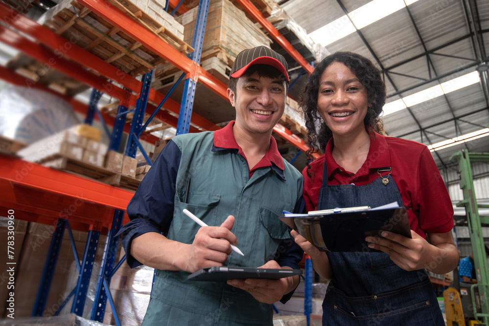 Two warehouse workers in their work clothes smile happily at the camera, work together in a large warehouse