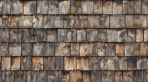 Old wooden shingle roof texture background, seamless pattern