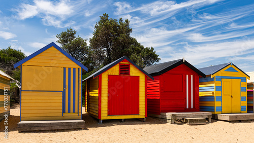 Beautiful bathing houses on white sandy beach at Brighton in Melbourne, Australia. © majonit