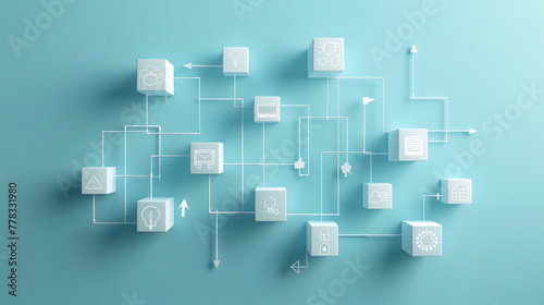 3D Flowchart Concept on Teal Background with Business Icons photo