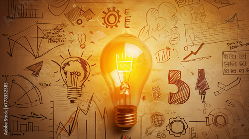 Conceptual Light Bulb with Business Strategy Sketches in Background