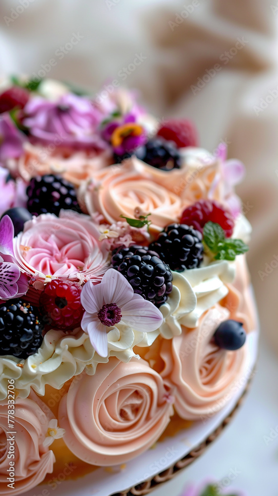 Raspberries as a cake decoration. Cake with raspberries and blackberries Raspberries as a cake decoration. Cake with raspberries and blackberries