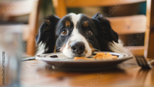 The dog asks for food. A dog's face on a plate on the table. The dog's devoted gaze. Proper Nutrition for Dogs