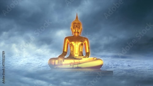 Enlightenment meditation and self sufficient concept with lights and Buddha sculpture photo