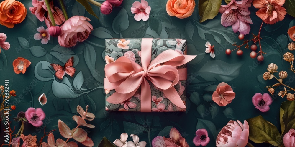Elegant floral gift box with pink bow surrounded by vibrant botanicals, gifting concept