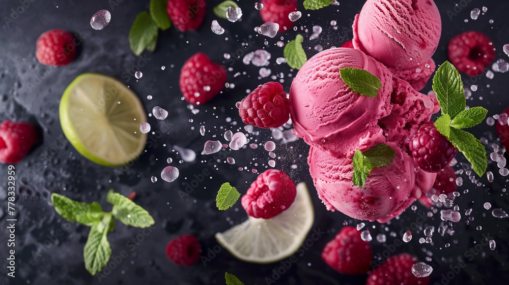 Raspberry ice cream promotional concept. Pink ice cream scoops with raspberries and lime chunks - obrazy, fototapety, plakaty 
