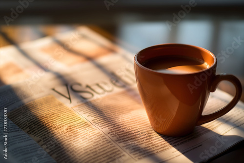 Warm sunlight illuminates a coffee mug atop an open newspaper, suggesting a morning routine photo