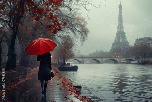 Romantic Paris: woman with a red umbrella walks along the Seine under the rain in autumn with the view of the Eiffel tower