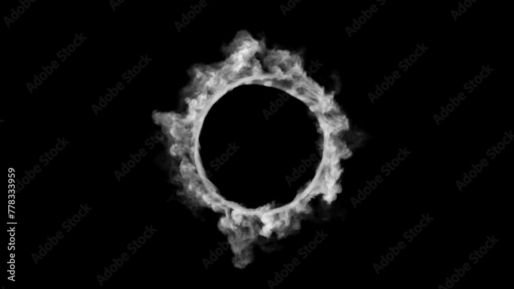 Smoke circle isolated black background. Realistic 3d render simulation. Power steam ring footage. Magic energy animation texture for compositing. Smoke circle isolated black background. Realistic 3d render simulation. Power steam ring footage. Magic energy animation texture for compositing.