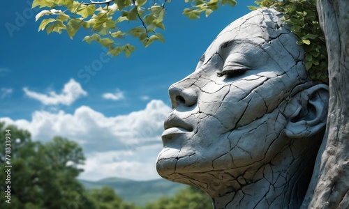 Behold the mesmerizing fusion of art and nature in this stunning statue featuring a woman embodying growth and vitality as a tree sprouts from her being © i-element