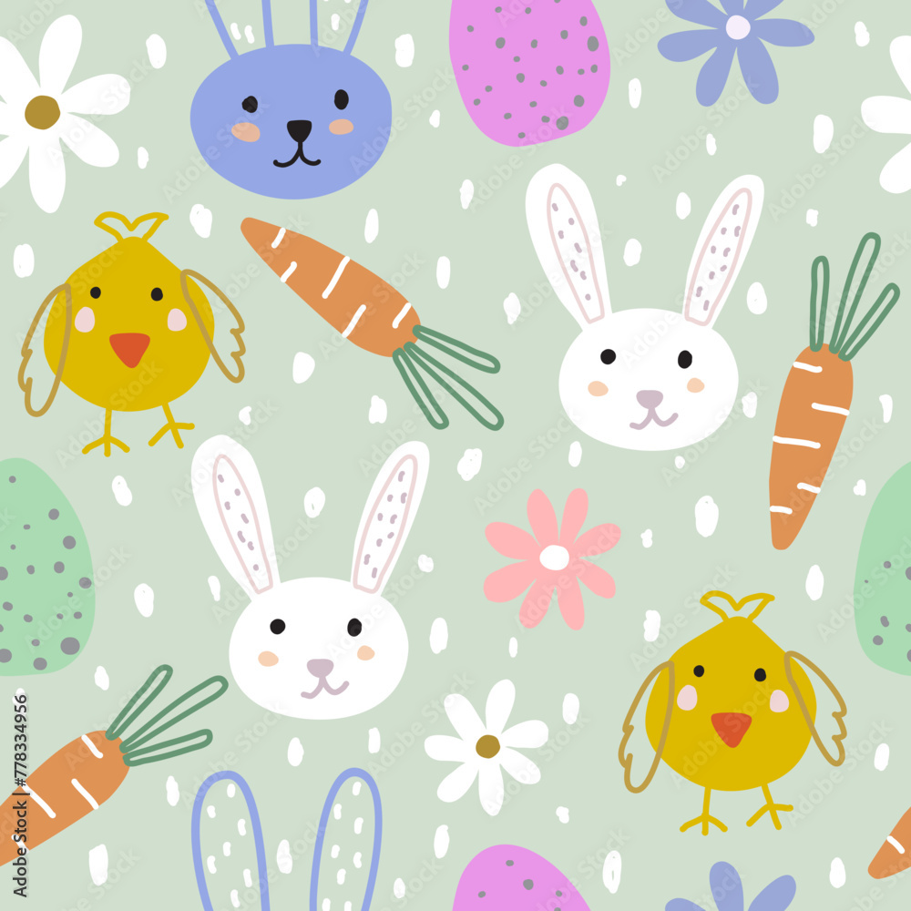 Seamless vector pattern with bunnies, chicks, Easter eggs, flowers, carrots and white dots suitable for wallpaper, textiles and prints. Easter Day with Bunny Vector. Seamless vector pattern with bunnies, chicks, Easter eggs, flowers, carrots and white dots suitable for wallpaper, textiles and prints. Easter Day with Bunny Vector.