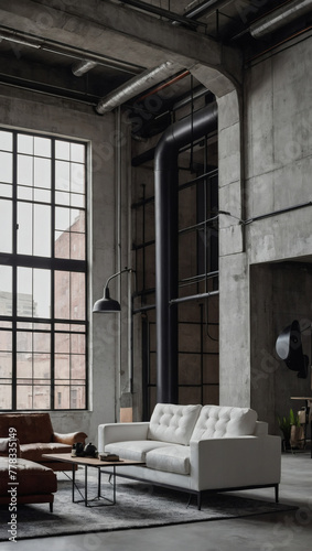 Industrial chic aesthetic of a loft interior design within a modern living room  where a studio apartment showcases a white sofa against a striking concrete wall.