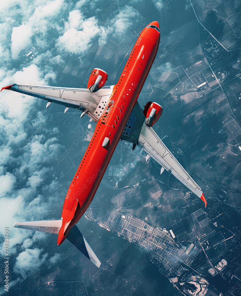 A red passenger plane, flying in the sky, a spectacular and real image