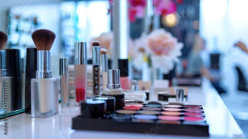 Assorted makeup products and brushes on a cosmetics counter with a blurred background.