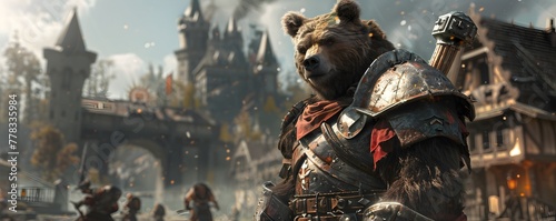 Fearless Bear Knight Guarding Enchanted Fantasy Village from Looming Darkness