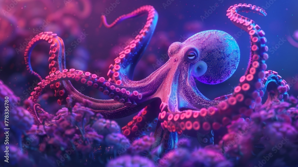A neon octopus exploring the depths of a digital ocean A neon octopus exploring the depths of a digital ocean