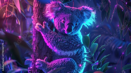 A neon koala clinging to a digital eucalyptus tree
