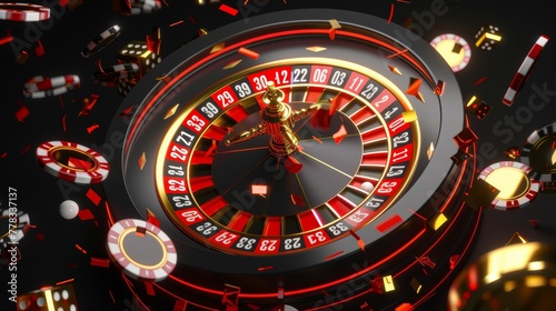 Roulette wheel with casino chips in motion. Gambling and risk concept for casino night design and poster