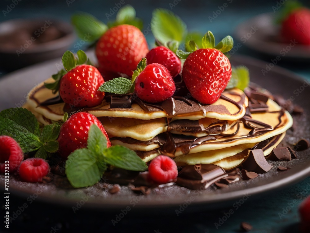 Food photograph featuring a Perfectly pancakes with strawberries and chocolate decorated with mint leaf