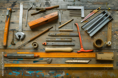 Essential Carpentry Measuring Tools Displayed on a Woodworker's Workbench