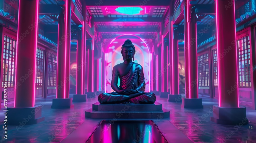 The serene presence of a neon Buddha meditating in Chinese temple The serene presence of a neon Buddha meditating in Chinese temple