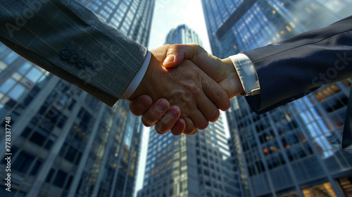 business handshake in front of a building