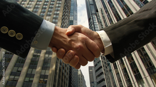 business handshake in front of a building