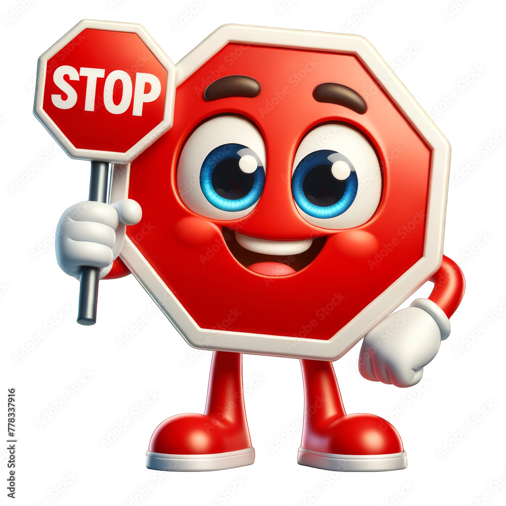 Cartoon 3D render of a funny Stop sign character holding a STOP sign, looking directly at the camera, isolated on transparent background. PNG file. Concept of command, prohibition, warning. Cartoon 3D render of a funny Stop sign character holding a STOP sign, looking directly at the camera, isolated on transparent background. PNG file. Concept of command, prohibition, warning.