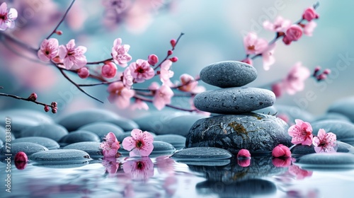 Zen stones with pink blossoms on water