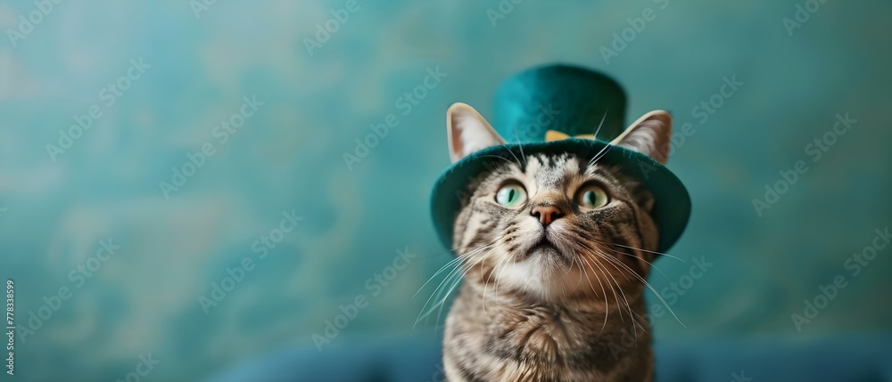 Festive Feline Ready for St. Paddy's Celebration. Concept Cute Cat, St, Patrick's Day, Festive, Celebrate, Green Costume - obrazy, fototapety, plakaty 