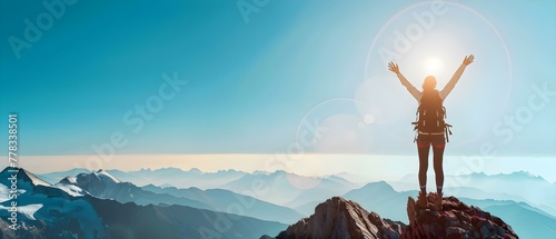 Victorious Ascent: Triumphant Hiker Embraces Sky. Concept Adventure Photography, Hiking Triumph, Nature Exploration, Victory Pose, Blue Sky Inspiration