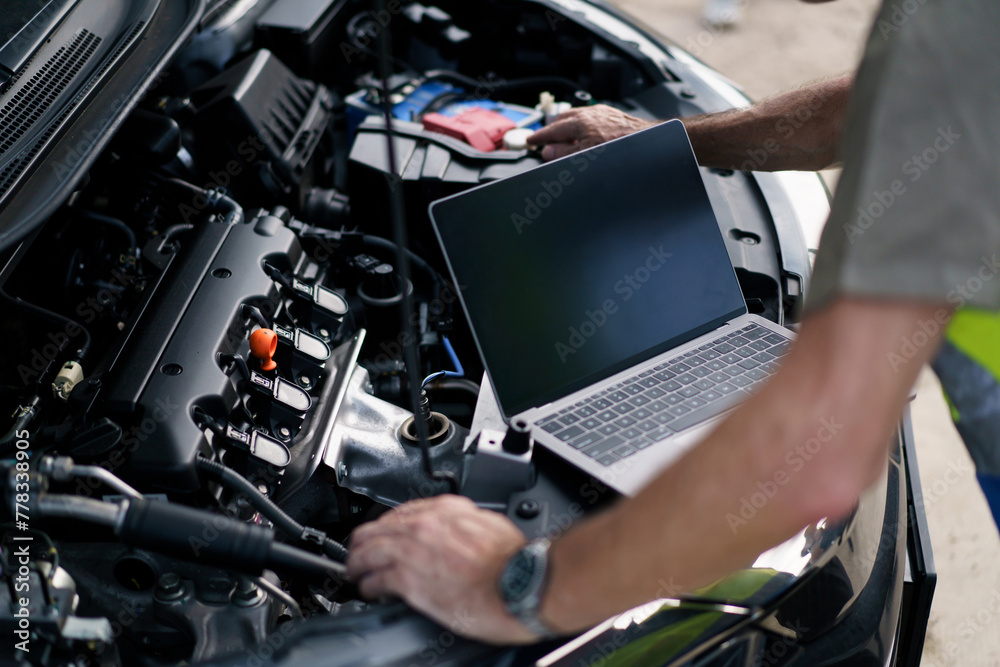 Auto technician analyze a problem in vehicle. Auto technician analyze a problem in vehicle.