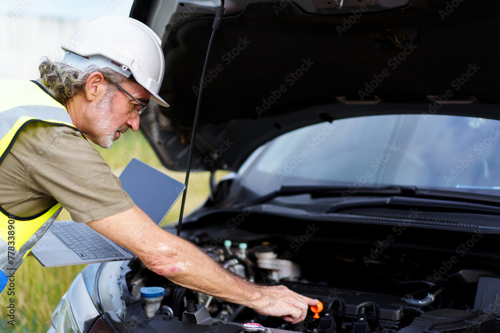 Auto technician analyze a problem in vehicle. Auto technician analyze a problem in vehicle.