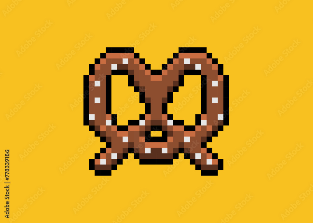 Pixel pretzel arcade game style. Vector silhouettes of 8-bit pixel art retro food video games.