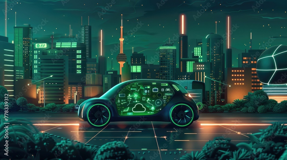 Futuristic Green Technology Showcase with Electric Vehicles and Smart Renewable Powered Homes in Vibrant City Nightscape