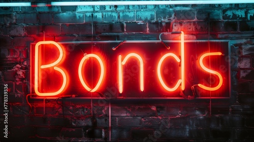 Neon sign Bonds with red glow on textured blue brick wall.