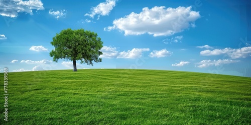 Landscape Wallpaper: Vibrant Green Grass and Tree with Fluffy Clouds in Blue Sky