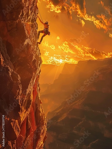 A daring rock climber scaling a steep cliff with vast valleys below, reaching for the next grip The scene is painted with a golden hour lighting effect