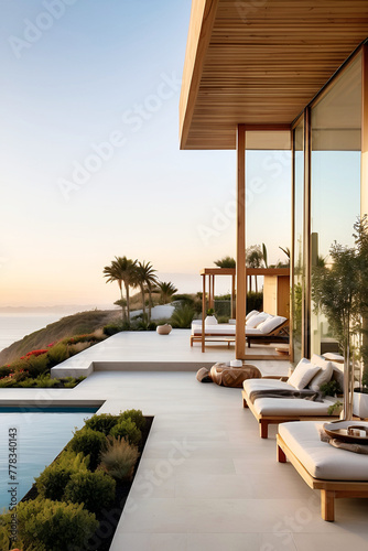 AI Generated. AI Generative. A luxury living room with a view of the ocean.