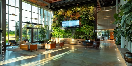 A corporate lobby with interactive displays on the company’s sustainability achievements, promoting transparency and environmental education © Shutter2U