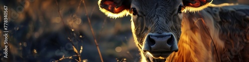 A cow with a neon bell around its neck, chiming melodically in the evening breeze, lighting up the barn area