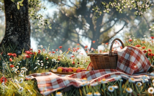 A countryside picnic scene with a checkered blanket and basket, capturing the quaint charm of a summer day