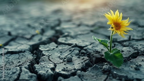 A small yellow flower is growing in the middle of a rocky, cracked ground © CuratedAIMasterpiece