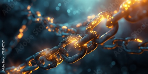 A close-up of illuminated chain links, symbolizing strength and connectivity, on a dark, moody background enhancing the concept of security