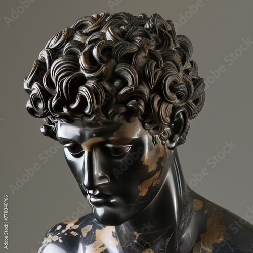 A black and gold marble sculpture of an ancient Greek man with curly hair