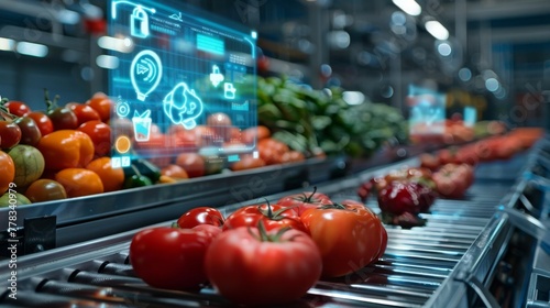 A detailed view of a holographic interface providing real-time analytics for a food processing line, illustrating tech integration in food industry