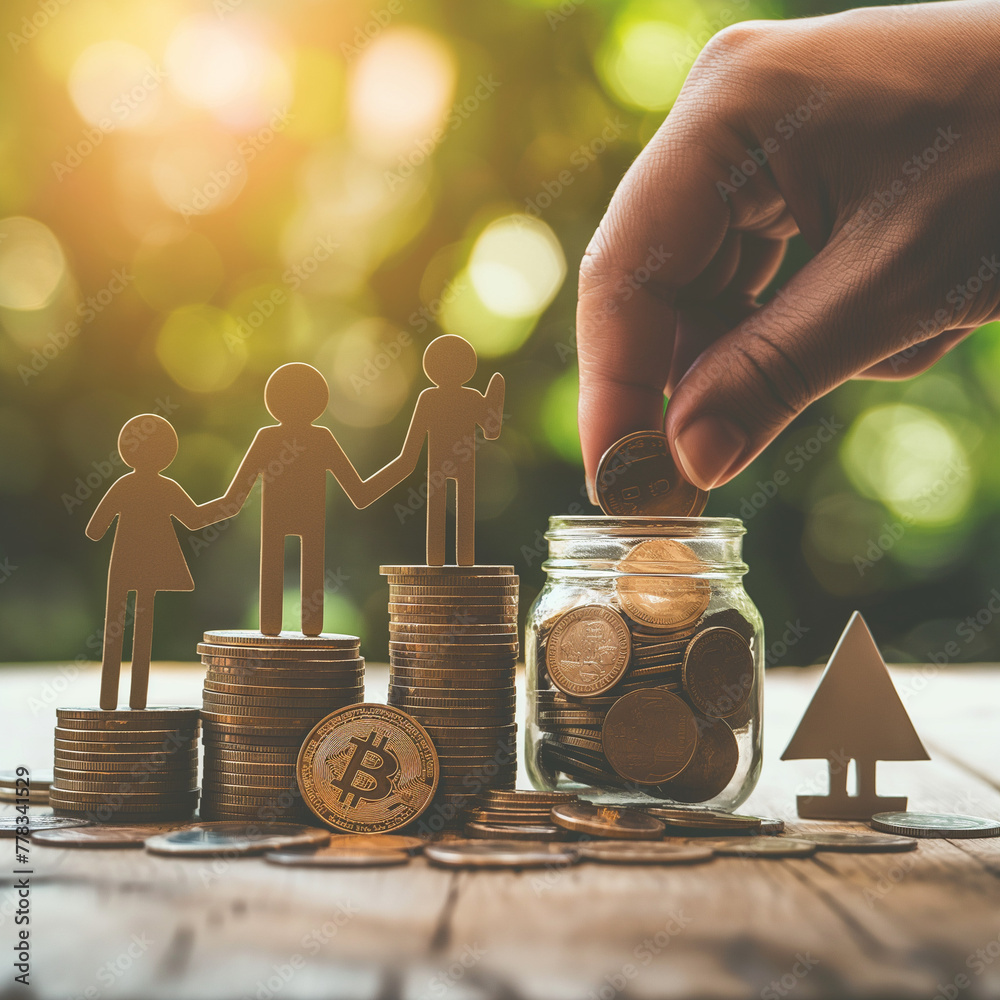 family savings concept; hand with bank note ,coin and bank composition