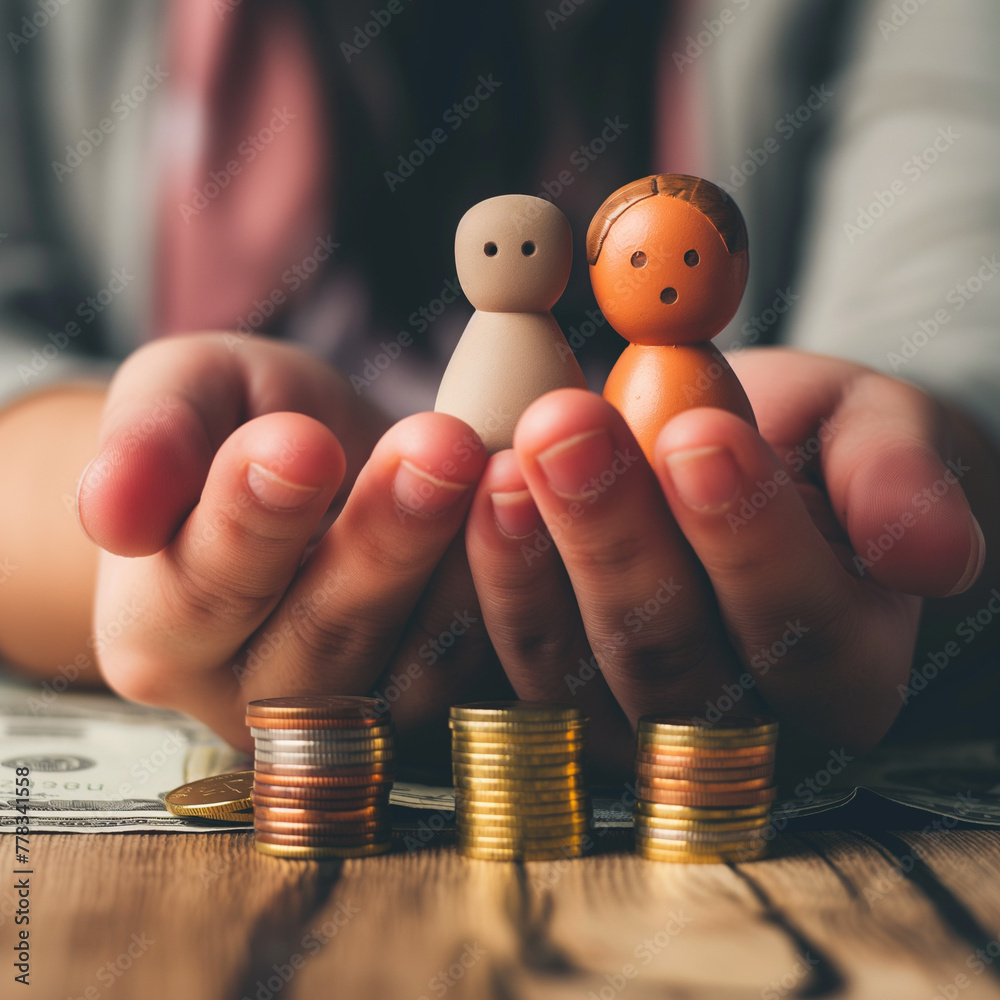 family savings concept; hand with bank note ,coin and bank composition